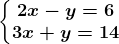 \left\\beginmatrix 2x-y =6\\3x+y=14 \endmatrix\right.